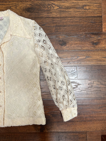 Vintage Clothing - Button Front Blouse - Floral Lattice Lace - Beige - Medium - Fashioned by Gregory