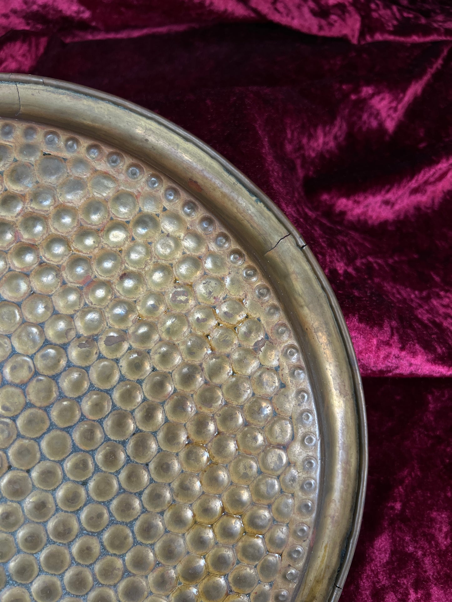 Vintage Brass Tray - Hammered Honeycomb Pattern Round Serving Platter