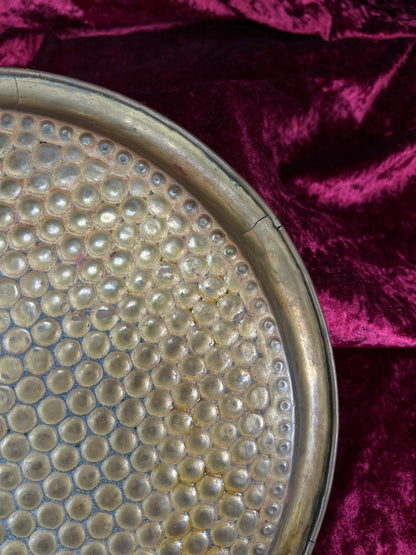 Vintage Brass Tray - Hammered Honeycomb Pattern Round Serving Platter