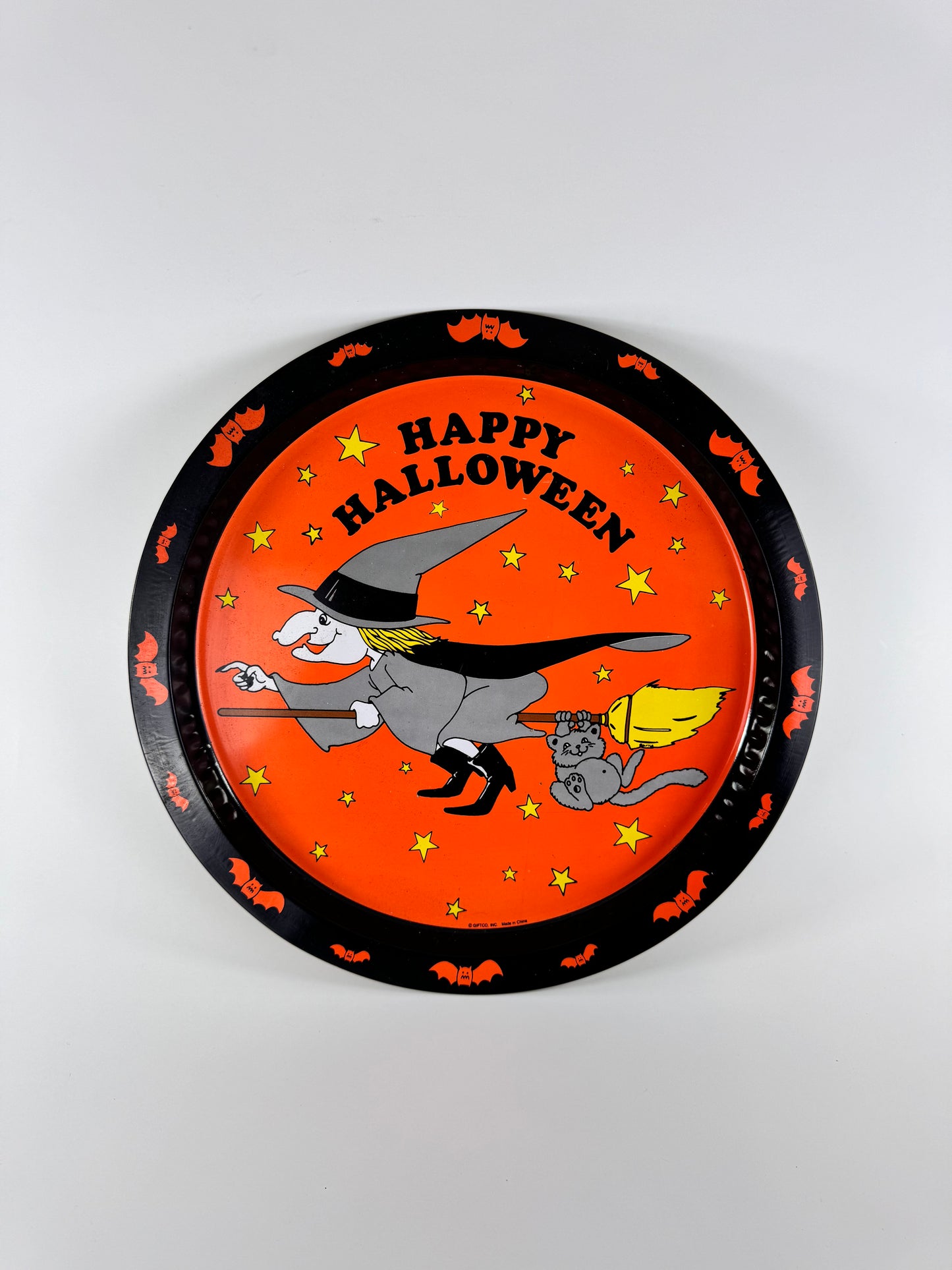 Vintage Giftco Inc. Metal Halloween Tray | Happy Halloween | Witch & Cat