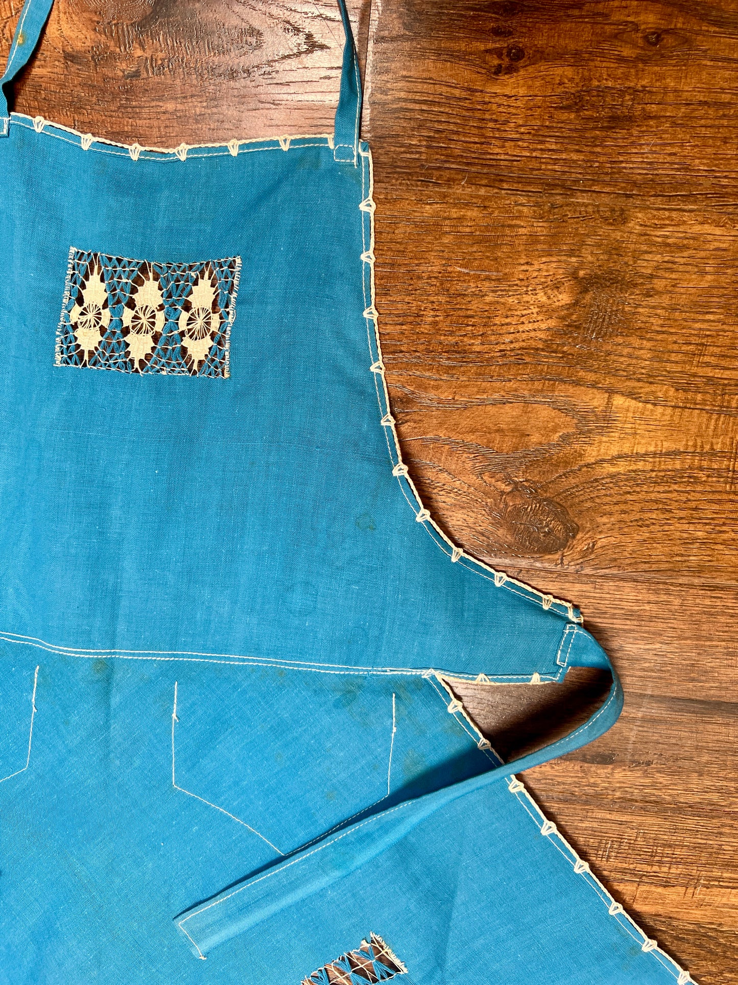Vintage Cotton Tie Waist Pinafore Apron – Robins Egg Blue Cutwork Lace Embroidery