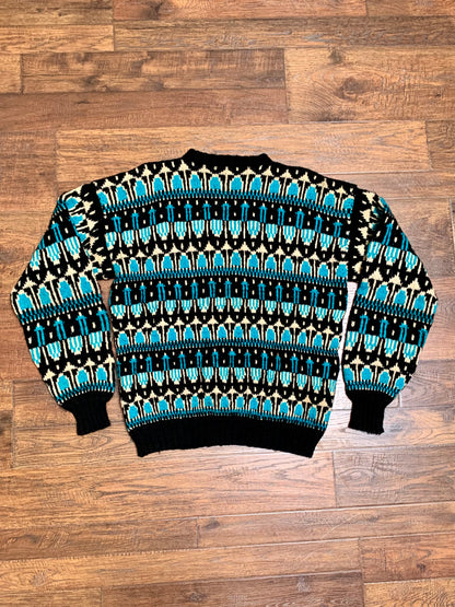 Vintage Crewneck Knit Sweater - Turquoise, Black, Cream -Medium