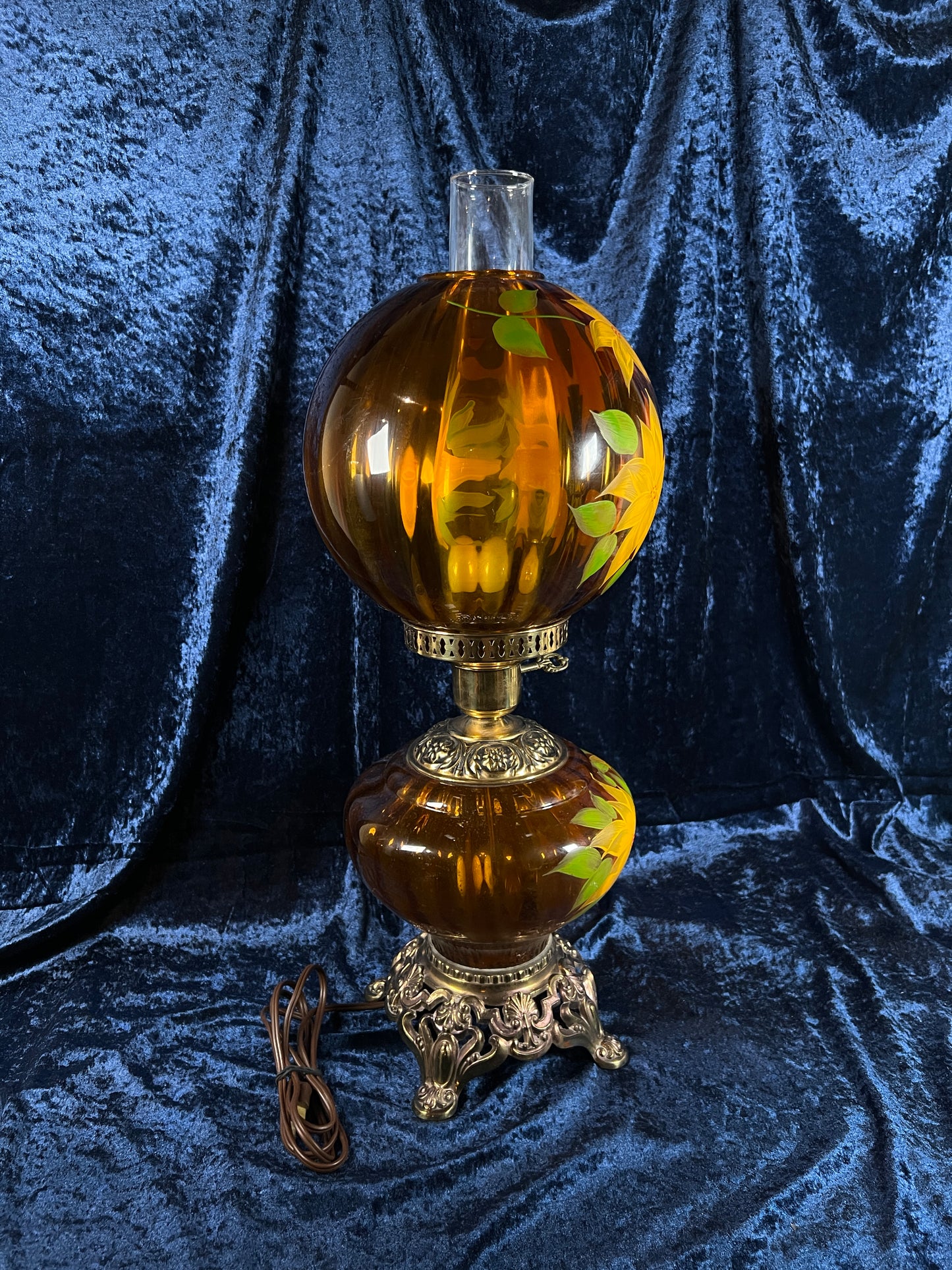 Vintage Amber Glass Parlor Lamp – Hand Painted Yellow Flowers Double Globe Hurricane Style