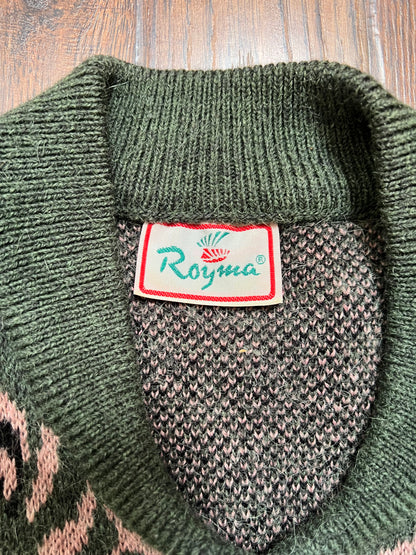 Vintage Clothing - Button Up Knit Sweater - Groovy Green & Pink Floral - Royma - Large