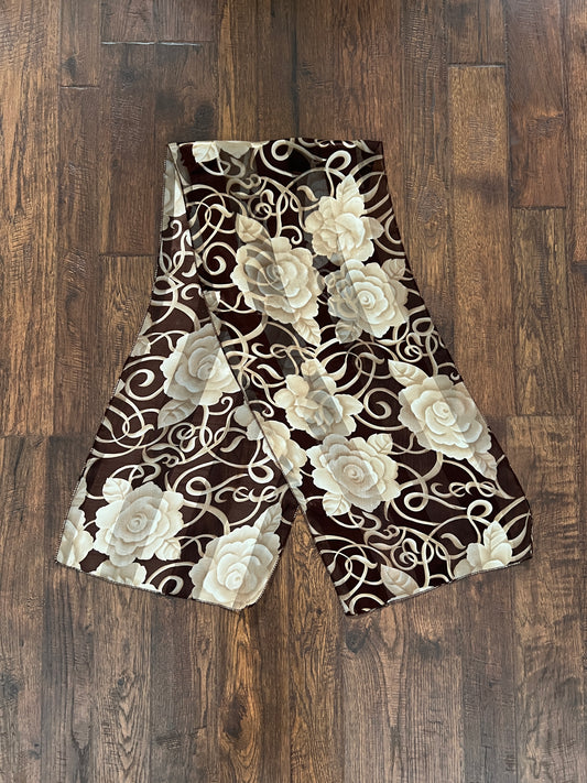 Vintage Floral Scarf - Brown Ivory Rose Semi Sheer Wrap