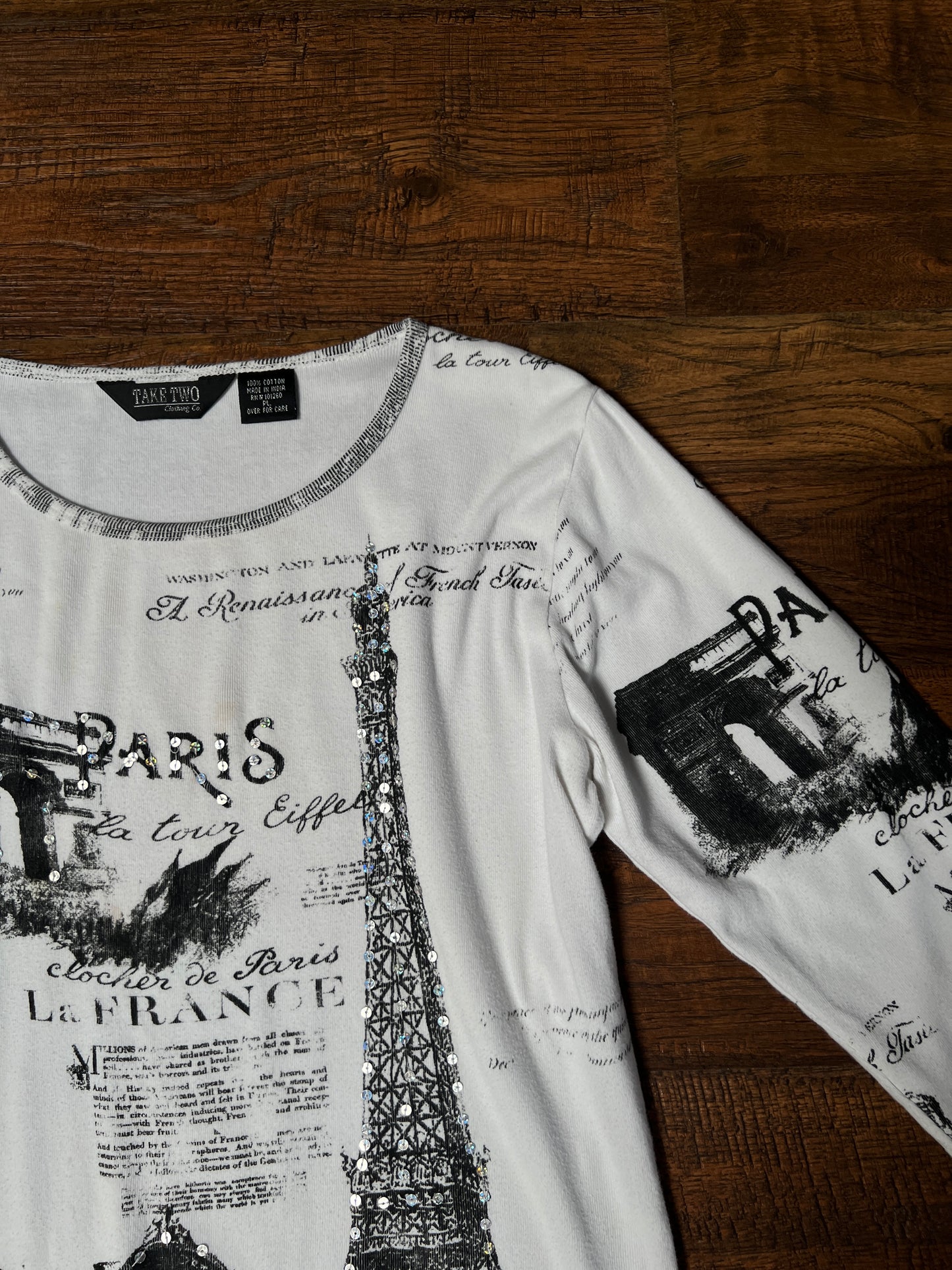 Vintage Take Two Cotton Graphic Top — Paris Eiffel Tower Sequin Print - Size Large
