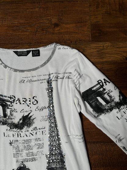 Vintage Take Two Cotton Graphic Top — Paris Eiffel Tower Sequin Print - Size Large