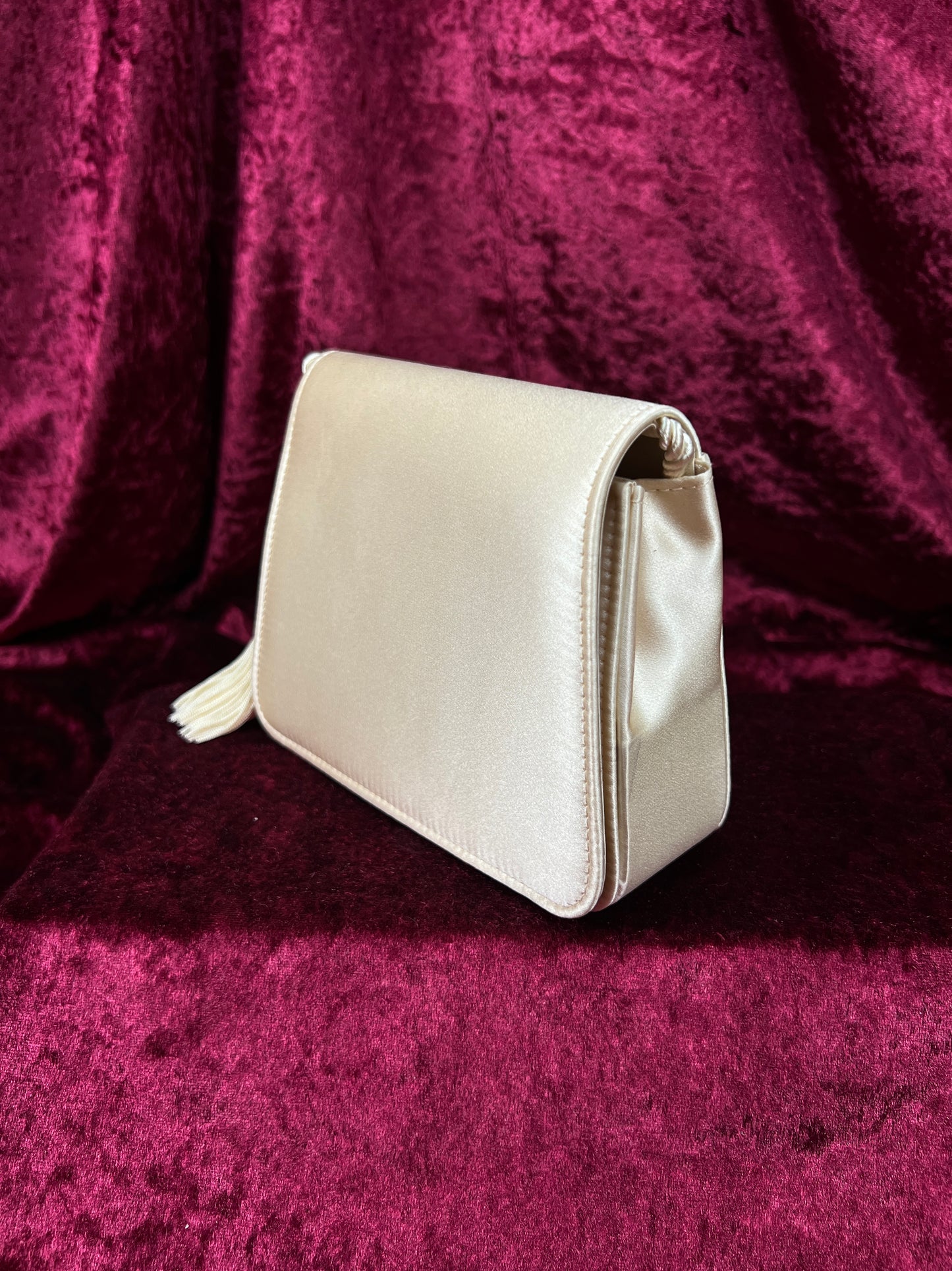Vintage 100% Silk Evening Bag - Ivory Tassel Rope Crossbody Mini Purse