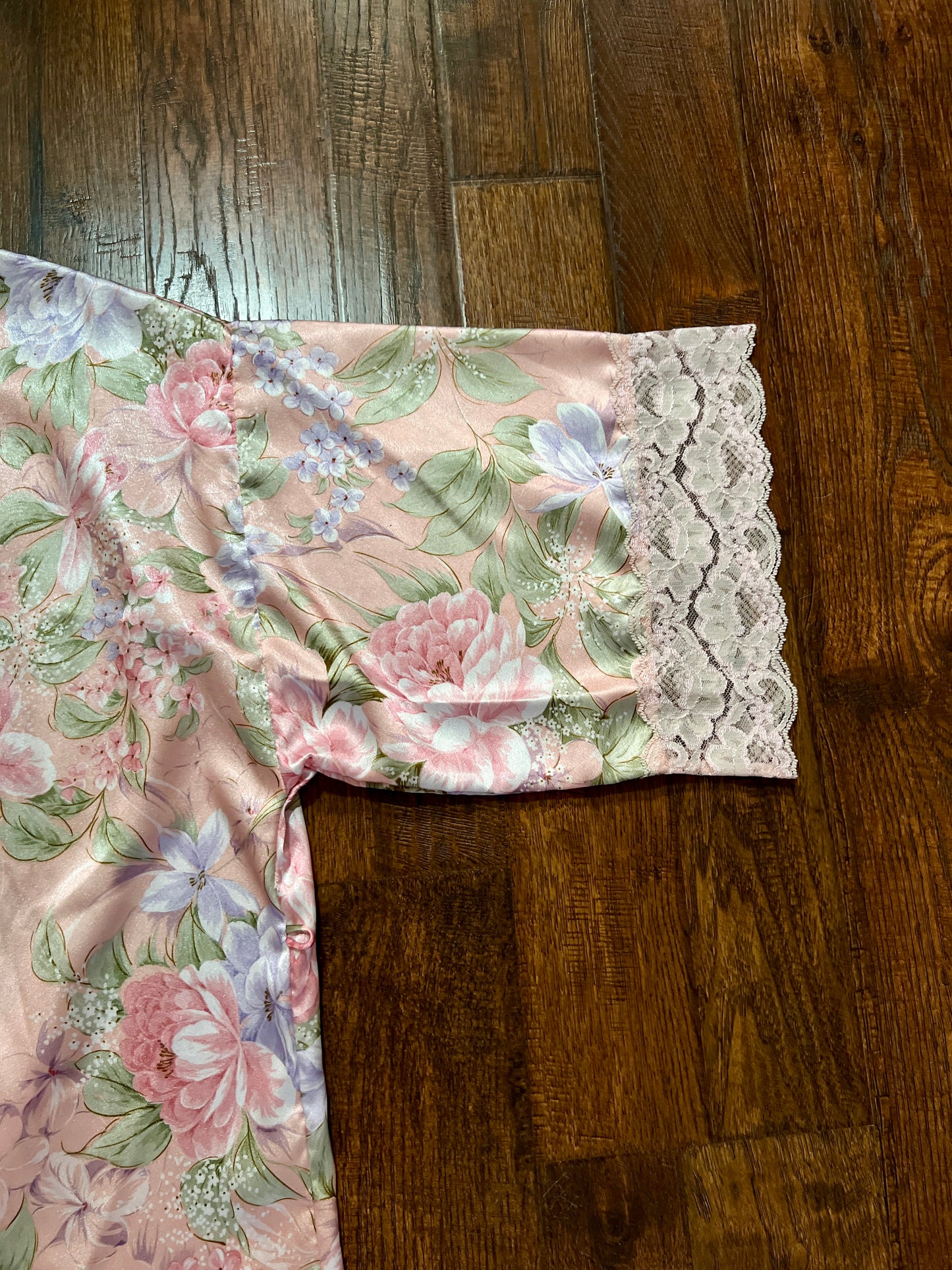 Vintage Silky Nightgown and Robe Lingerie Set - Pink Floral Print Peignoir Ensemble - Val Mode