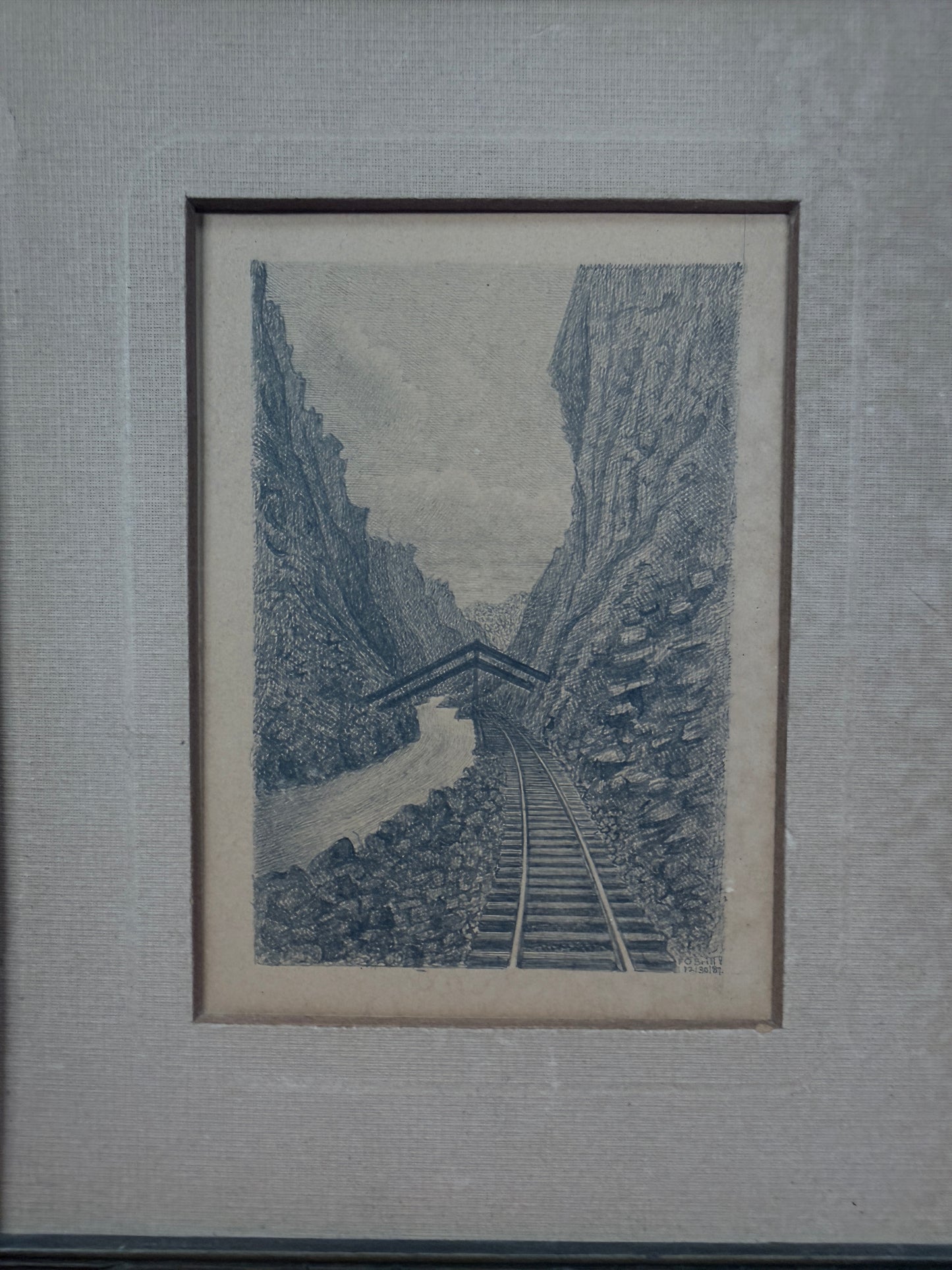 Vintage Framed Etching – Railroad Canyon Landscape in Wood Frame