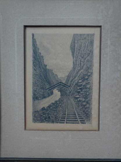 Vintage Framed Etching – Railroad Canyon Landscape in Wood Frame