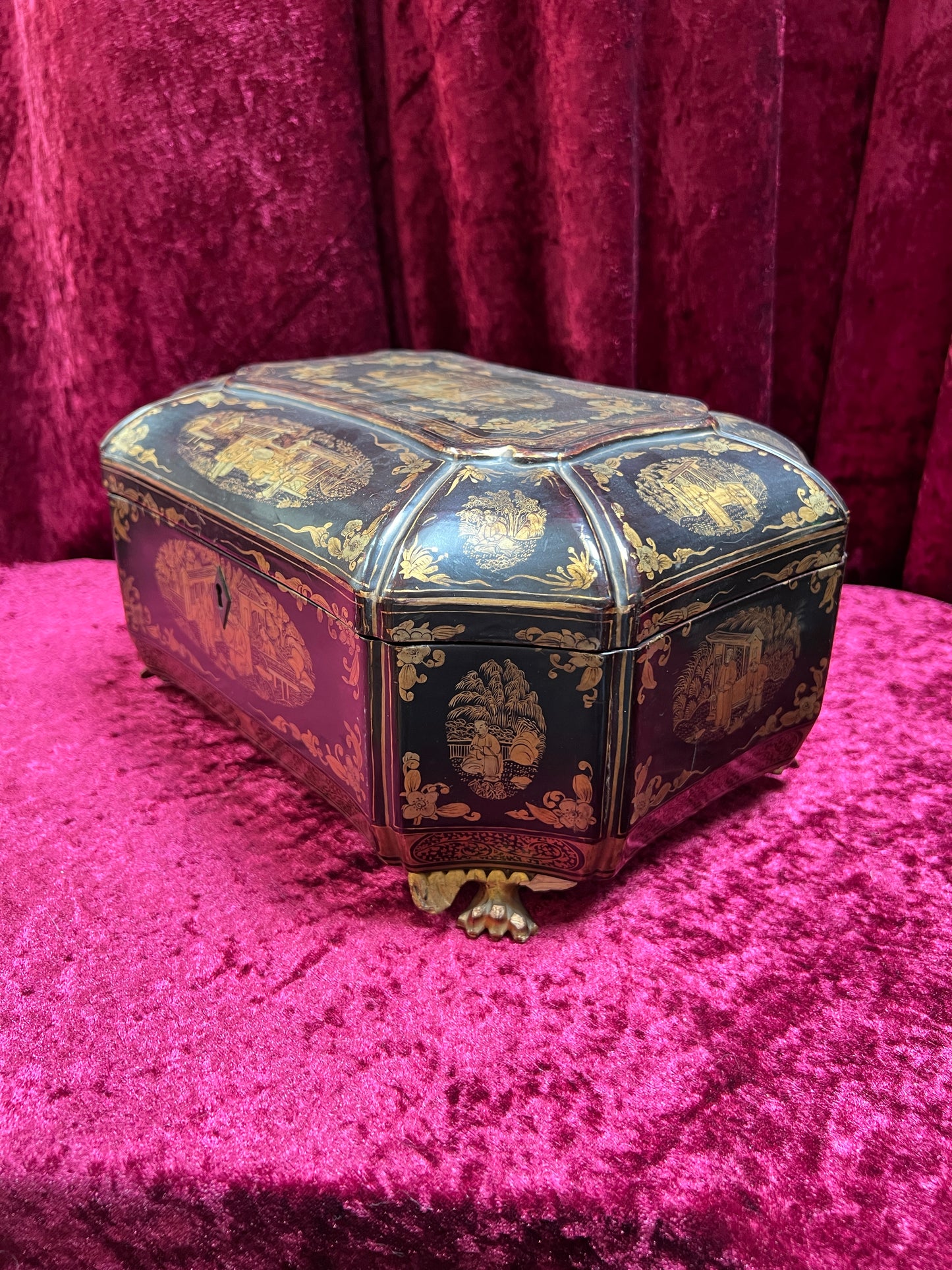 Antique Sewing Kit - Black Lacquer Ladies Work Box - Octagonal 19th Century Asian Chinoiserie