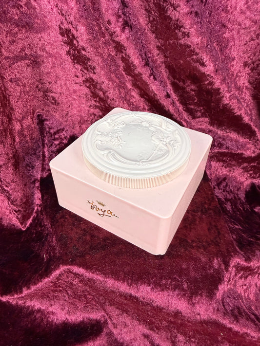 Vintage Vanity - Pink Plastic Powder Box – Art Nouveau Lady Reclining Lid - Evyan