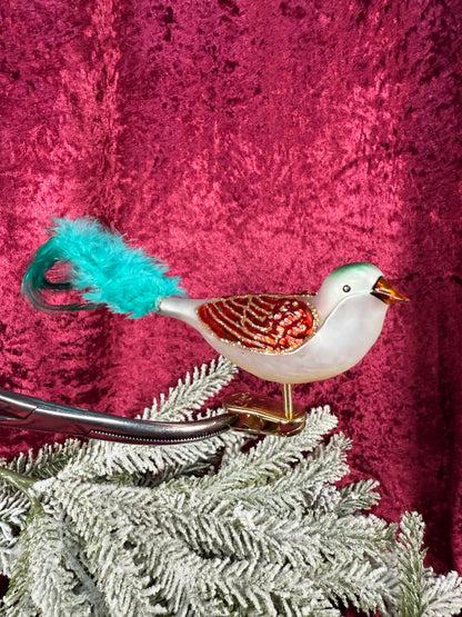 Vintage Christmas - Glass Clip-On Ornament - Sparrow Bird with Blue Feather Tail - QVC