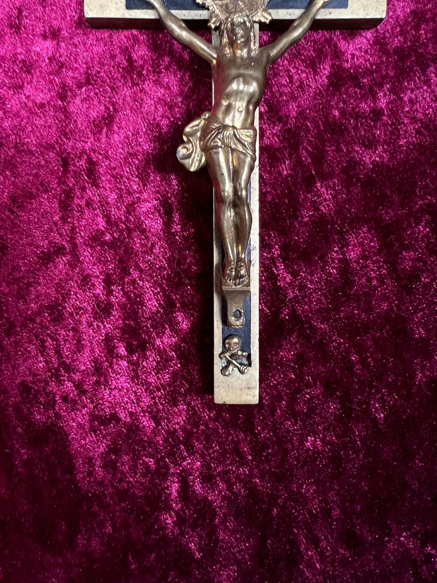 Vintage Brass Crucifix Cross - Ebony Inlay Skull and Crossbones Wall Hanging