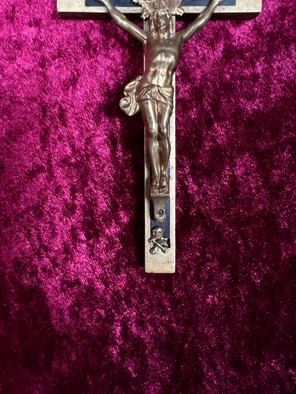 Vintage Brass Crucifix Cross - Ebony Inlay Skull and Crossbones Wall Hanging