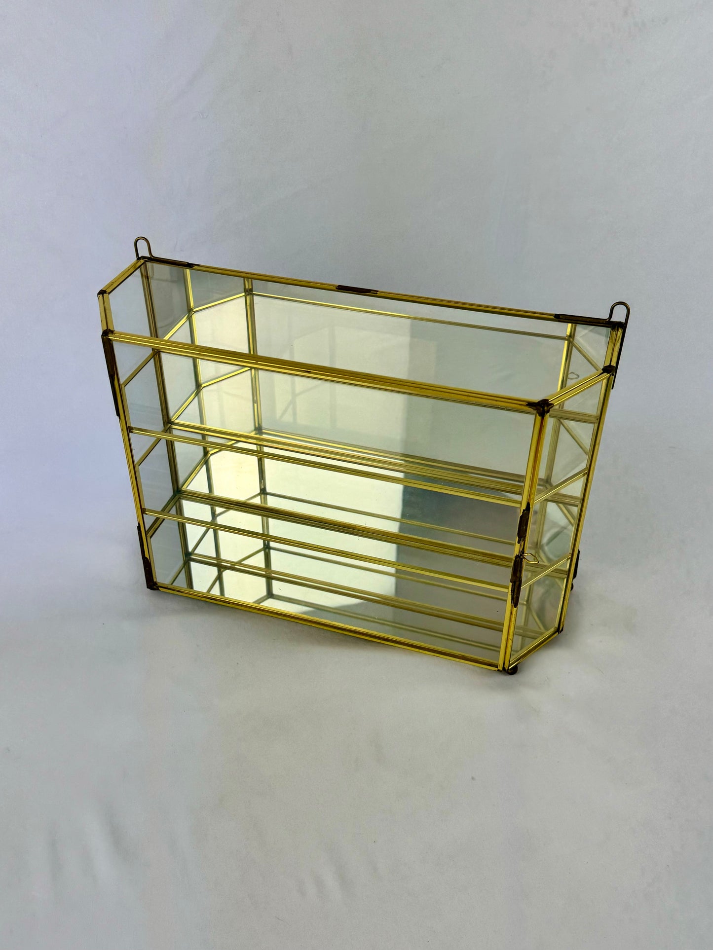 Vintage Brass & Glass Mirrored 3-Shelf Wall Hanging Curio Cabinet