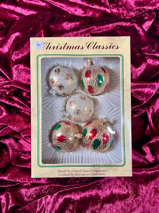 Vintage Christmas - Handblown Glass Ornament Set - Gold, Green, and Red - Christmas Classics