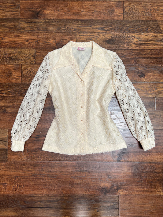 Vintage Clothing - Button Front Blouse - Floral Lattice Lace - Beige - Medium - Fashioned by Gregory