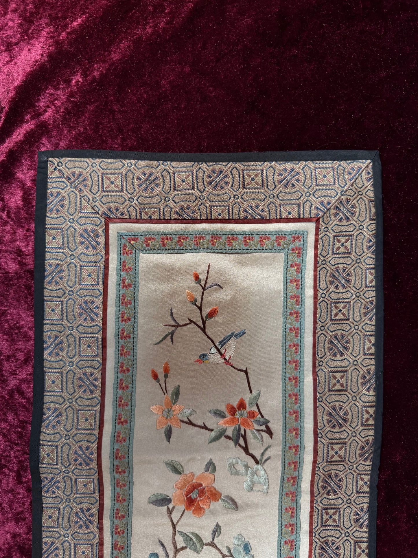 Antique Chinese Silk Sleeve Band – Blue Bird In A Tree - Embroidered Textile Robe Panel - Peking, China