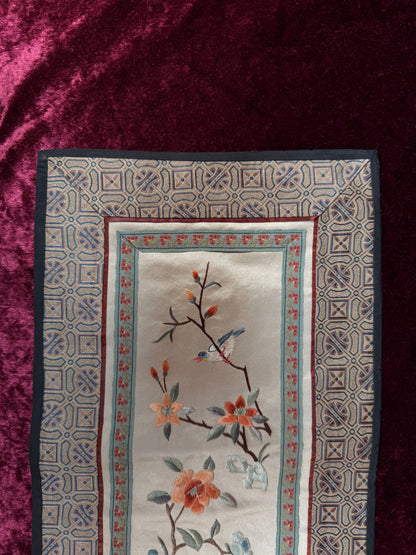 Antique Chinese Silk Sleeve Band – Blue Bird In A Tree - Embroidered Textile Robe Panel - Peking, China