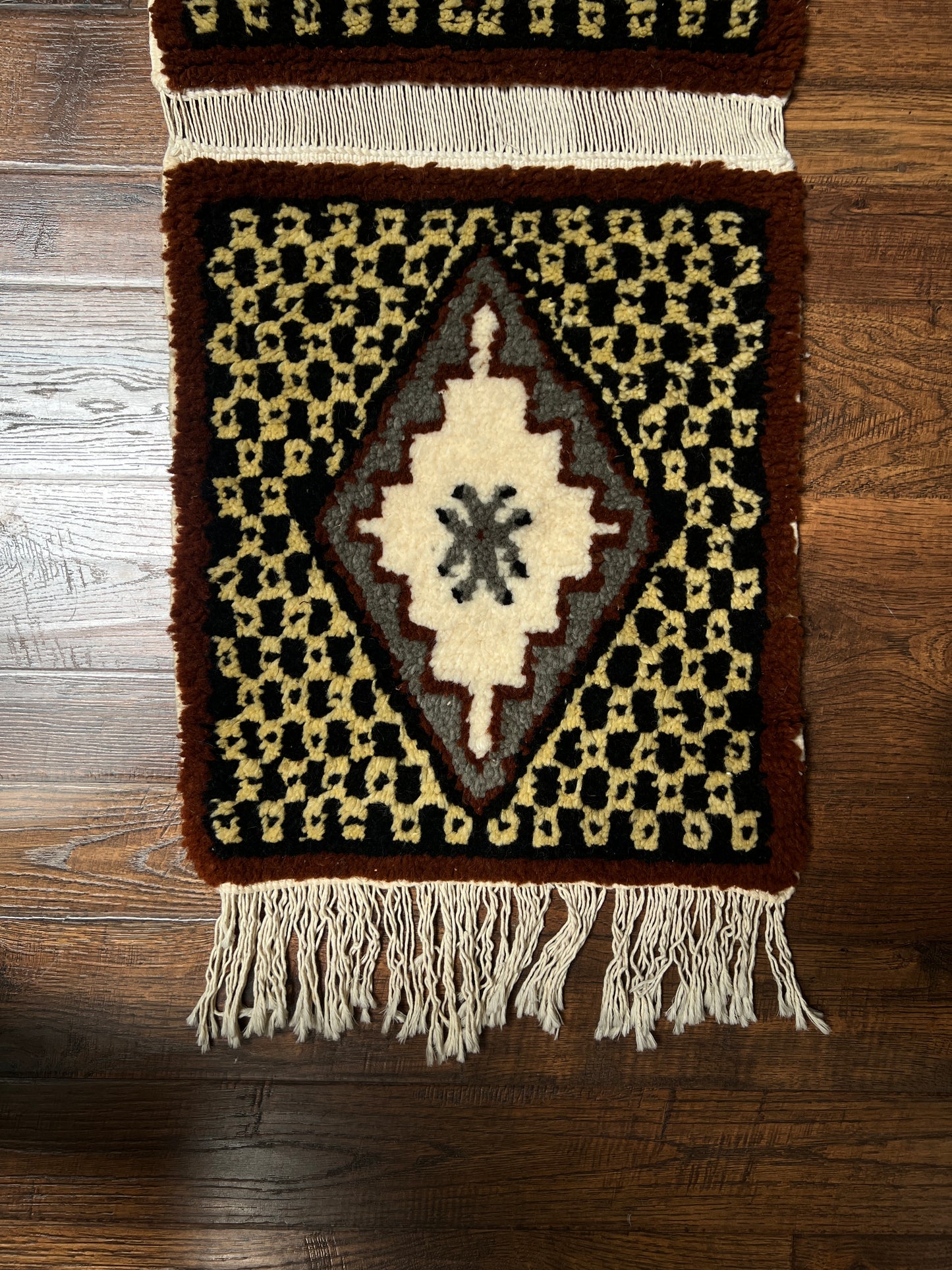 Vintage Wool Wall Hanging Crewel – Geometric Double Panel Tapestry with Fringe