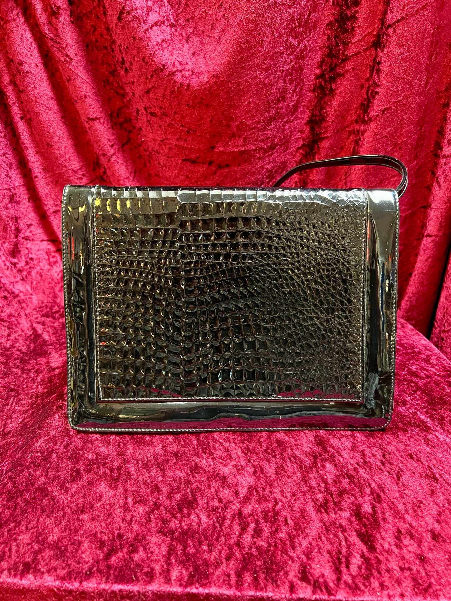 Vintage Accessories - Convertible Purse - Black Faux Patent Leather - Crocodile Skin Flap - Tandem Bags of California