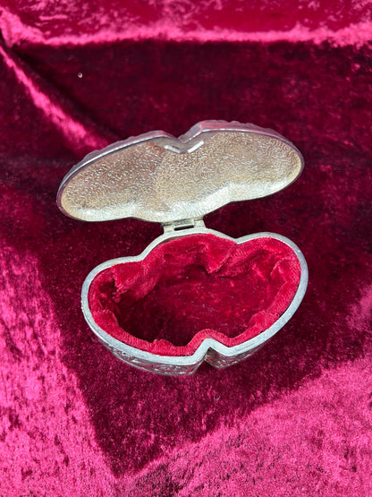Vintage Jewelry Box - Antique Silver Patina - Double Hearts with Floral Filigree - Red Velvet Lining