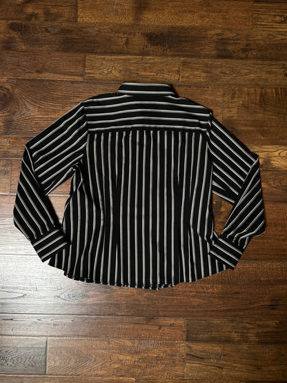Vintage Foxcroft Fitted Blouse - Black Grey Striped Pleated Waist - Size Large