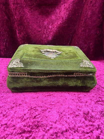 Antique Vanity Decor - French Musical Perfume Box - Green Velvet - Gold Metal Trim
