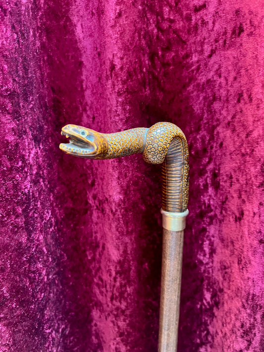 Vintage Wood Walking Cane – Hand Carved Snake Head Handle Antique Style