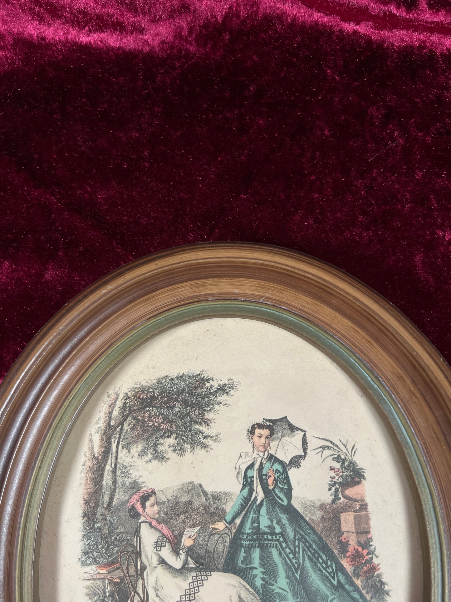 Vintage Oval Wood Framed Print - La Mode Illustrée Victorian Fashion Portrait