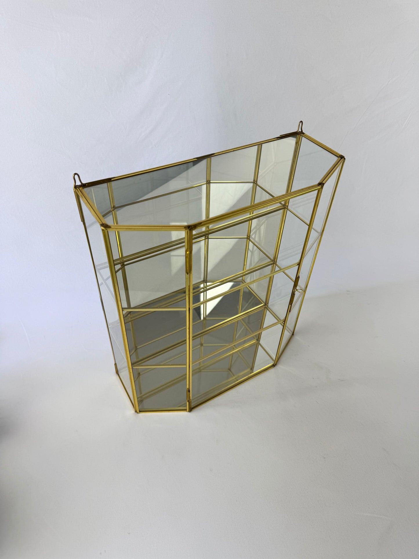 Vintage Mirrored Brass & Glass Wall Hanging Curio Cabinet - Large