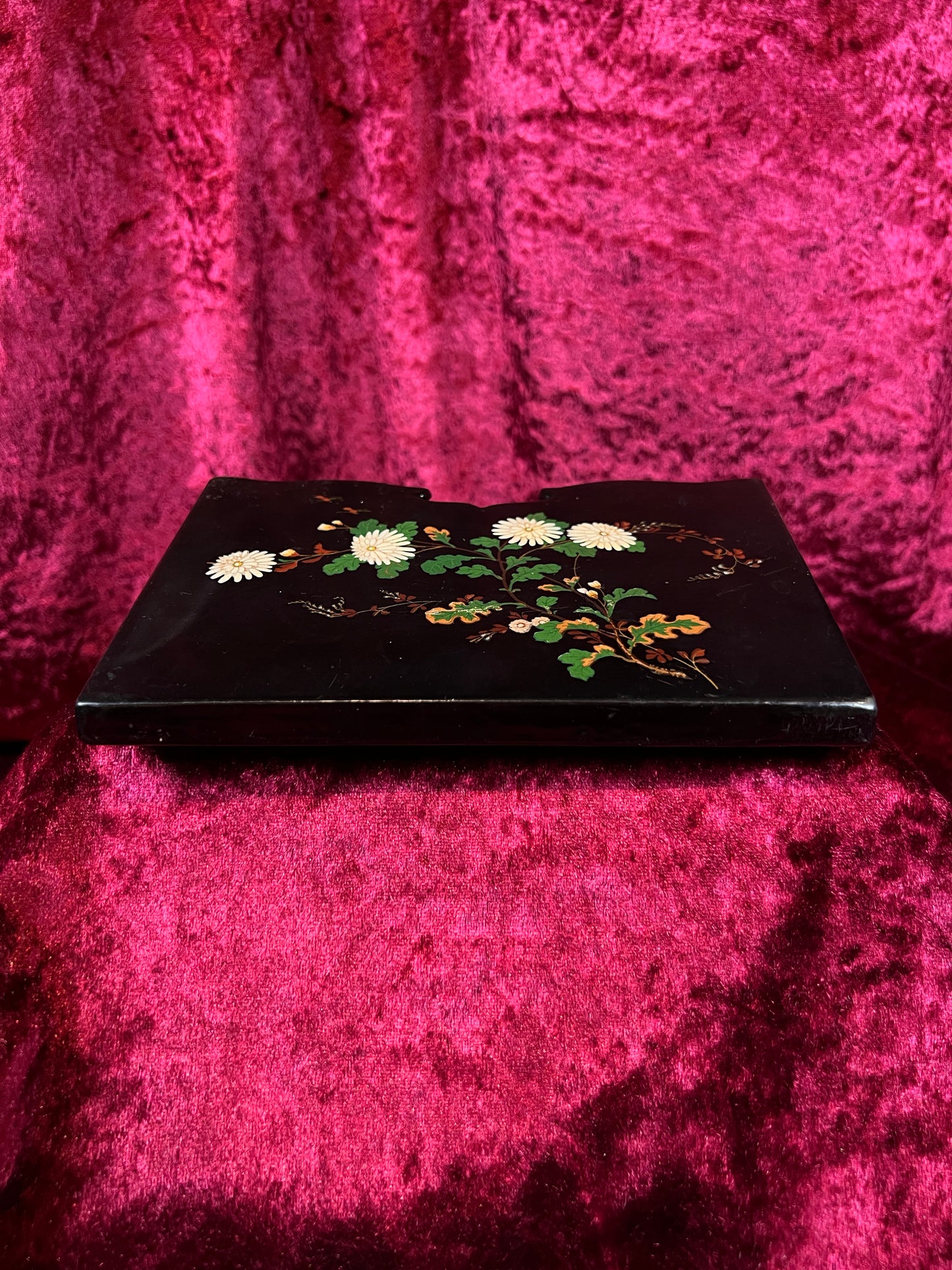 Antique Papier Mache Wall Pocket - Victorian Black Lacquer Painted White Flowers