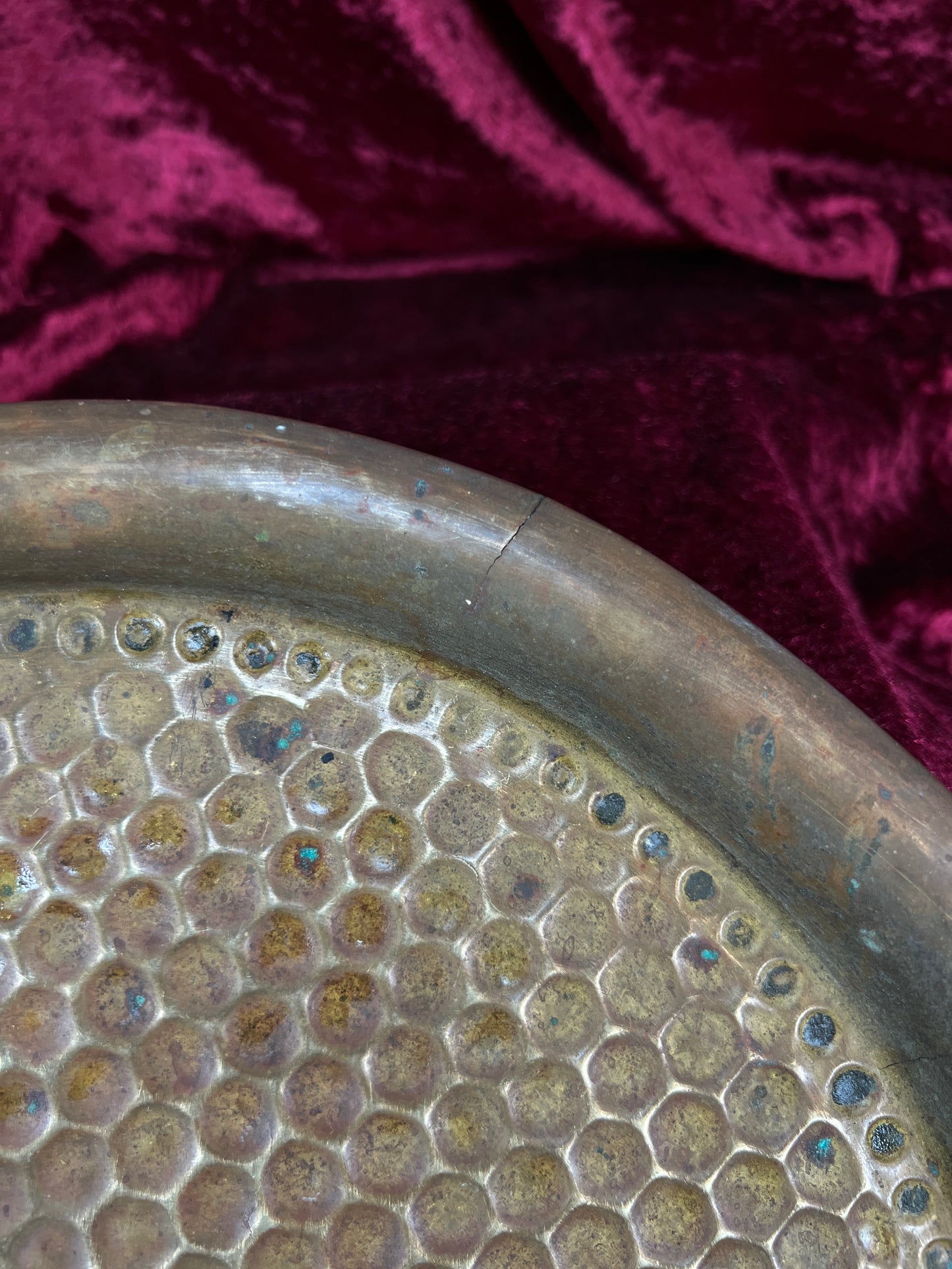 Vintage Brass Tray - Hammered Honeycomb Pattern Round Serving Platter