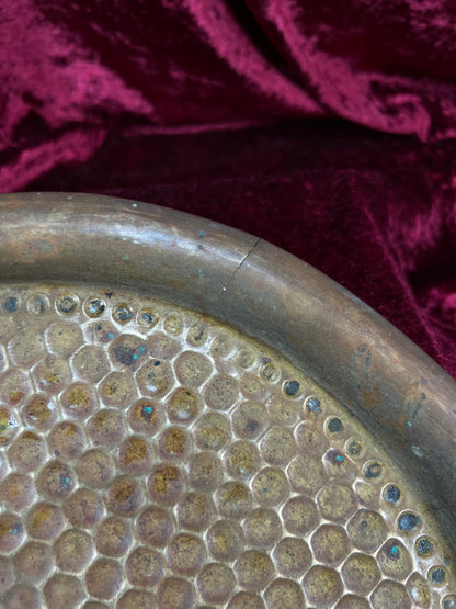 Vintage Brass Tray - Hammered Honeycomb Pattern Round Serving Platter
