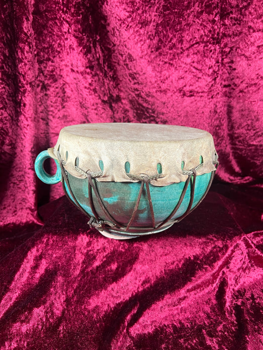 Vintage Decor - Native American Hide and Ceramic Hand Drum - Blue Glaze