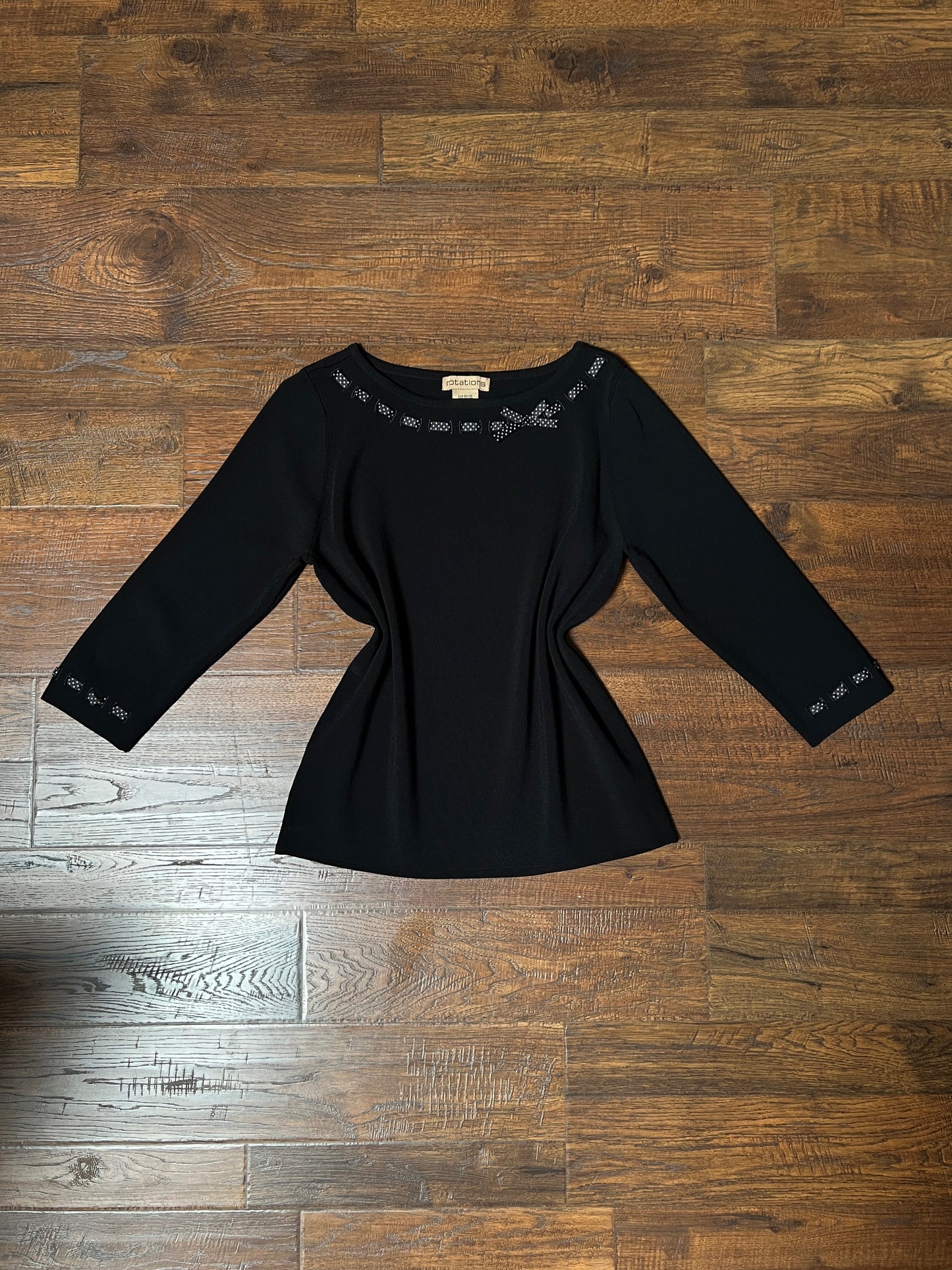 Vintage Notations Rayon Blend Black Top — Polka Dot Bow Trim - Size Large