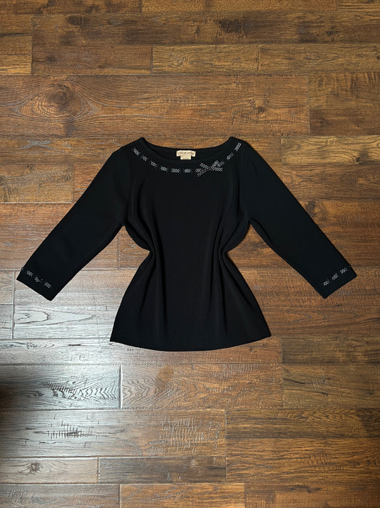 Vintage Notations Rayon Blend Black Top — Polka Dot Bow Trim - Size Large