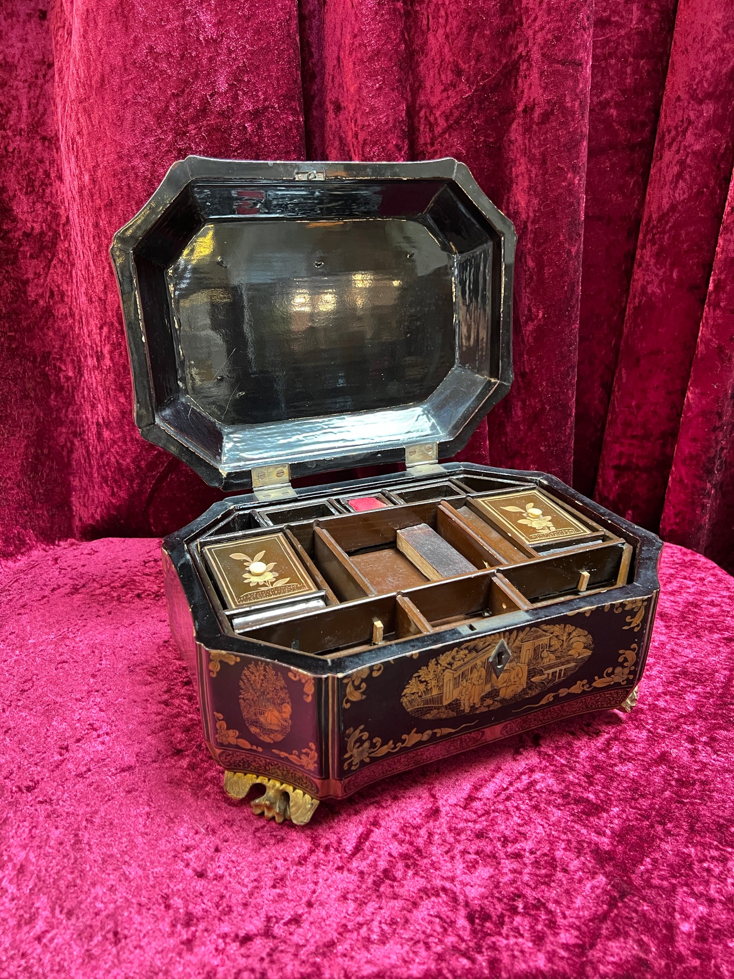 Antique Sewing Kit - Black Lacquer Ladies Work Box - Octagonal 19th Century Asian Chinoiserie
