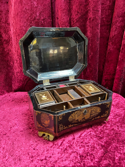 Antique Sewing Kit - Black Lacquer Ladies Work Box - Octagonal 19th Century Asian Chinoiserie