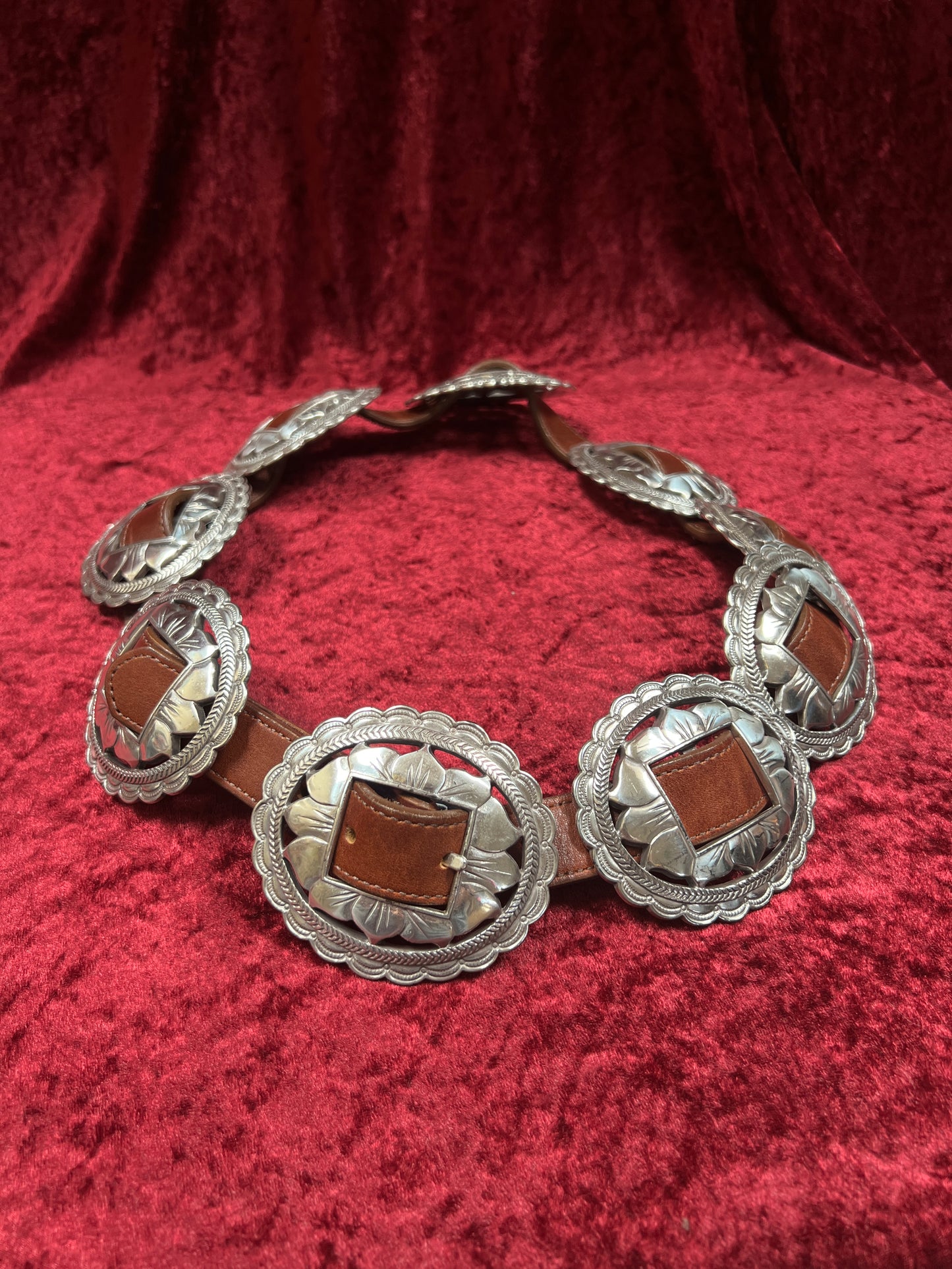 Vintage Brighton Leather Concho Belt - Silver Sunflower Western Belt USA Made - 29.5-33.5"