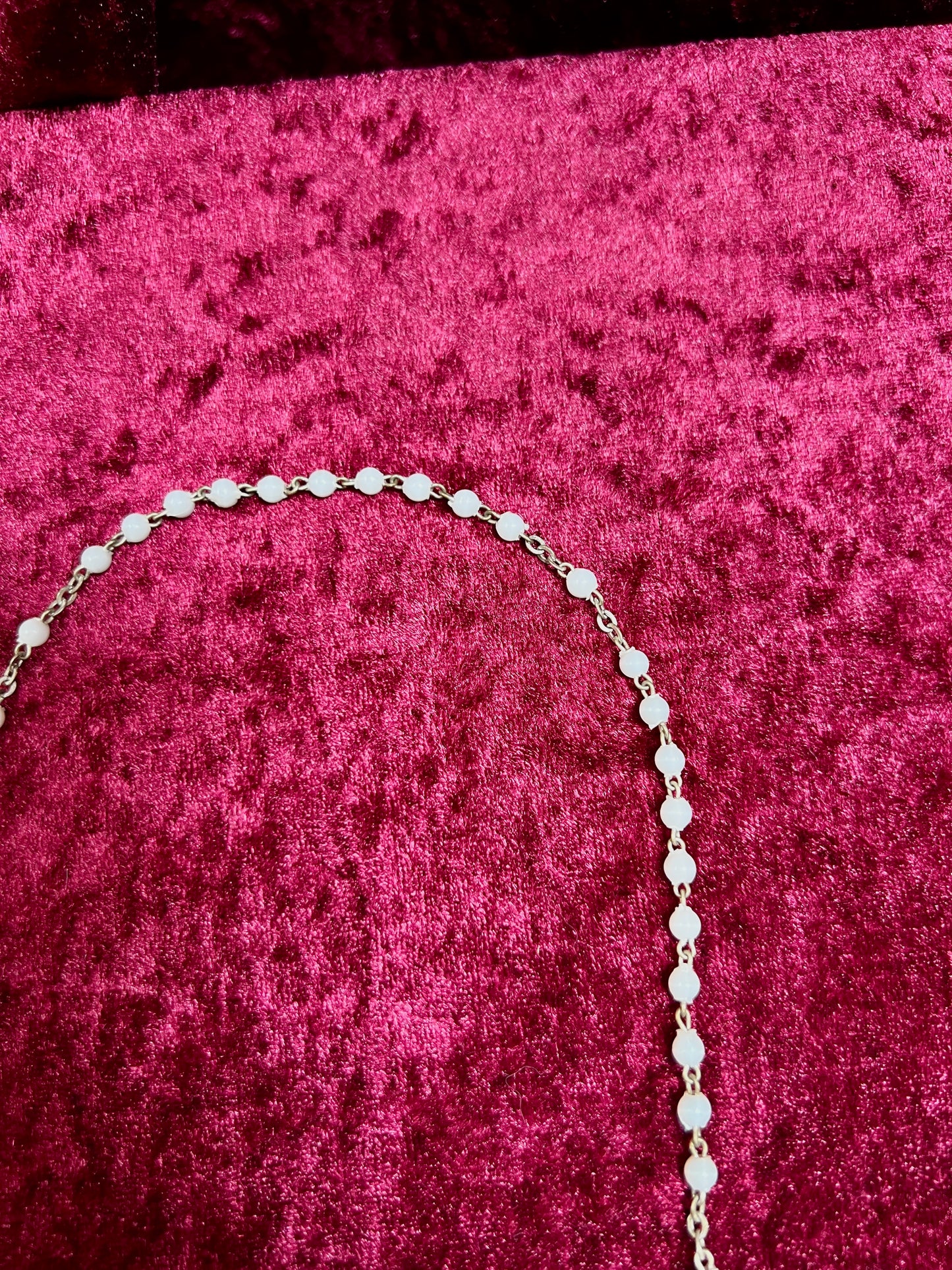Vintage Jewelry - Rosary Beads - Shiny White Beads - Brass Tone Cross - 12.75"
