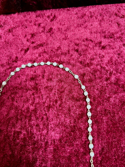Vintage Jewelry - Rosary Beads - Shiny White Beads - Brass Tone Cross - 12.75"