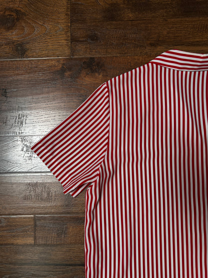 Vintage Liz Baker Petite Polyester Blouse – Red & White Striped Button Up – Large