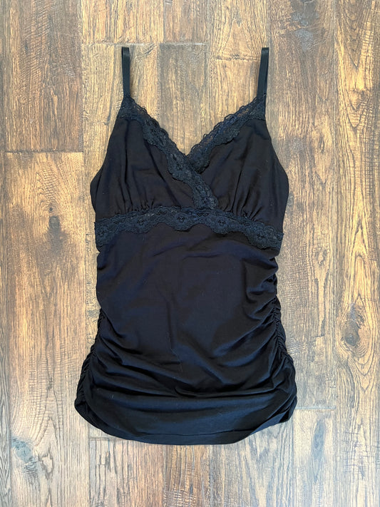Vintage Clothing - Tank Top - Ruched Sides - Floral Lace Trim - Black - Medium - Bebe