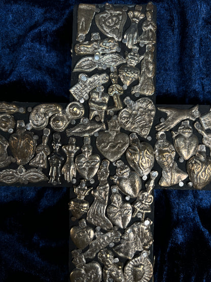 Vintage Wall Hanging Crucifix Cross – Milagro Silver Sacred Heart Folk Art Collage