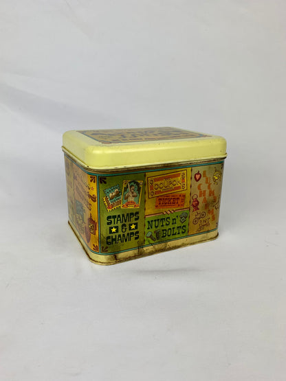 1970s Cheinco Lidded Metal Stuff Box Tin- Vintage Style Advertisement Graphics