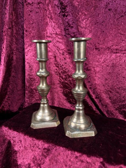 Antique English Brass Candlestick Pair – Beehive Taper Candle Holders