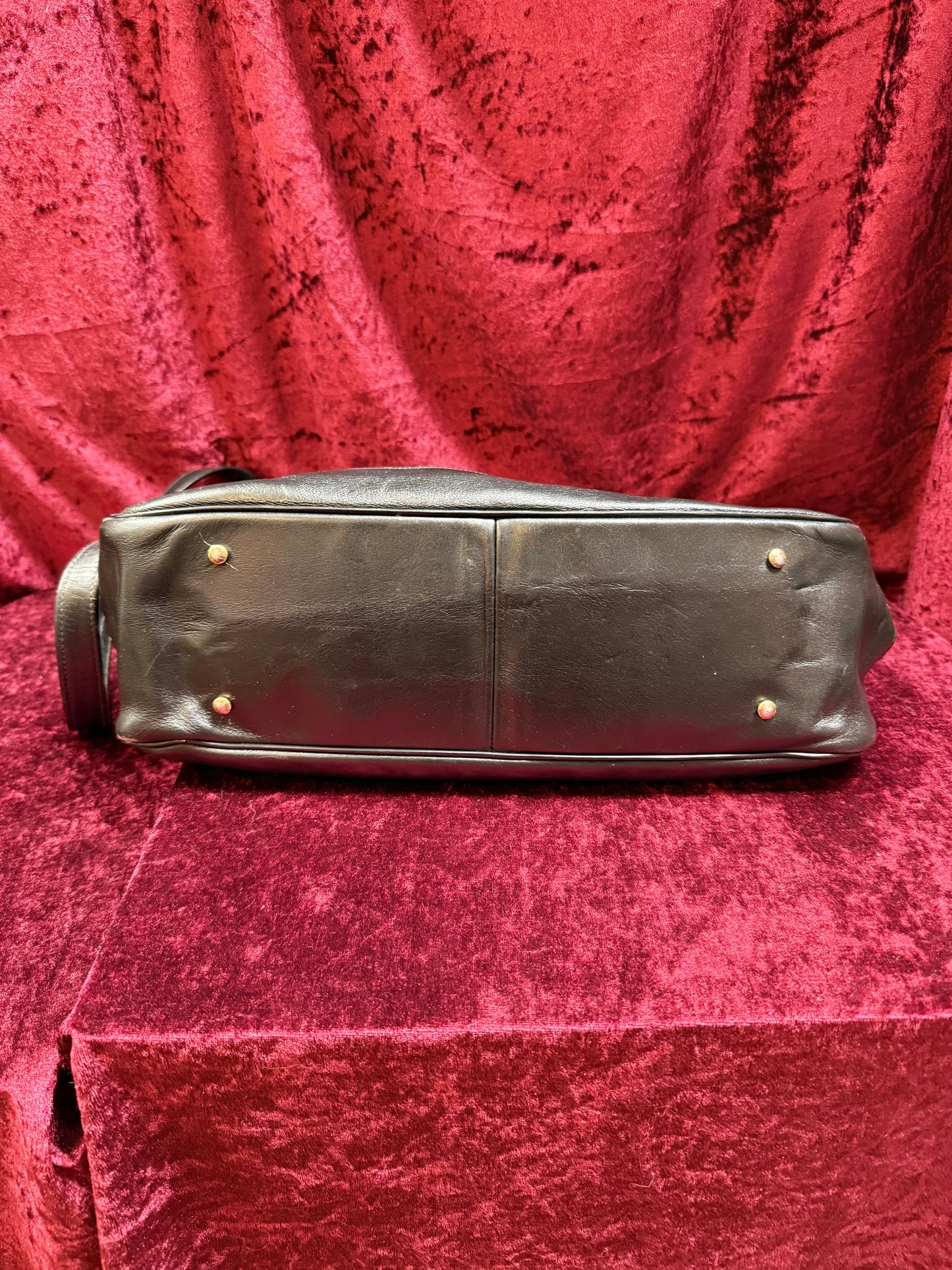 Vintage Accessories - Crossbody Hobo Bag - Black Leather with Brass Hardware